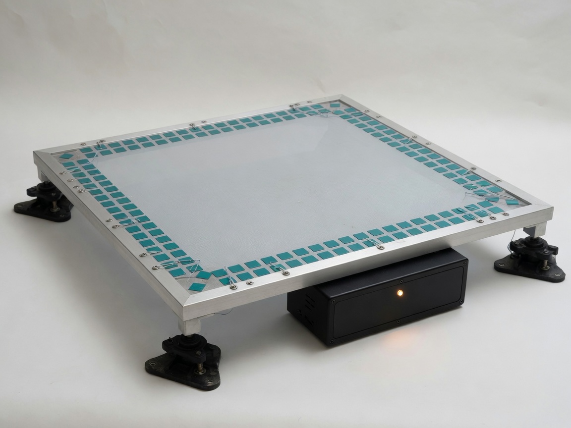 RP0 lab-scale resonance harvester pad — membrane, perimeter piezo, amber electronics