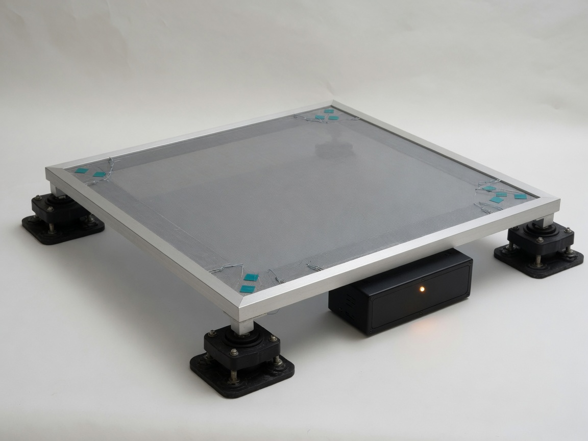RP0 plaza-scale resonance harvester pad — sparse piezo nodes, heavy anchors